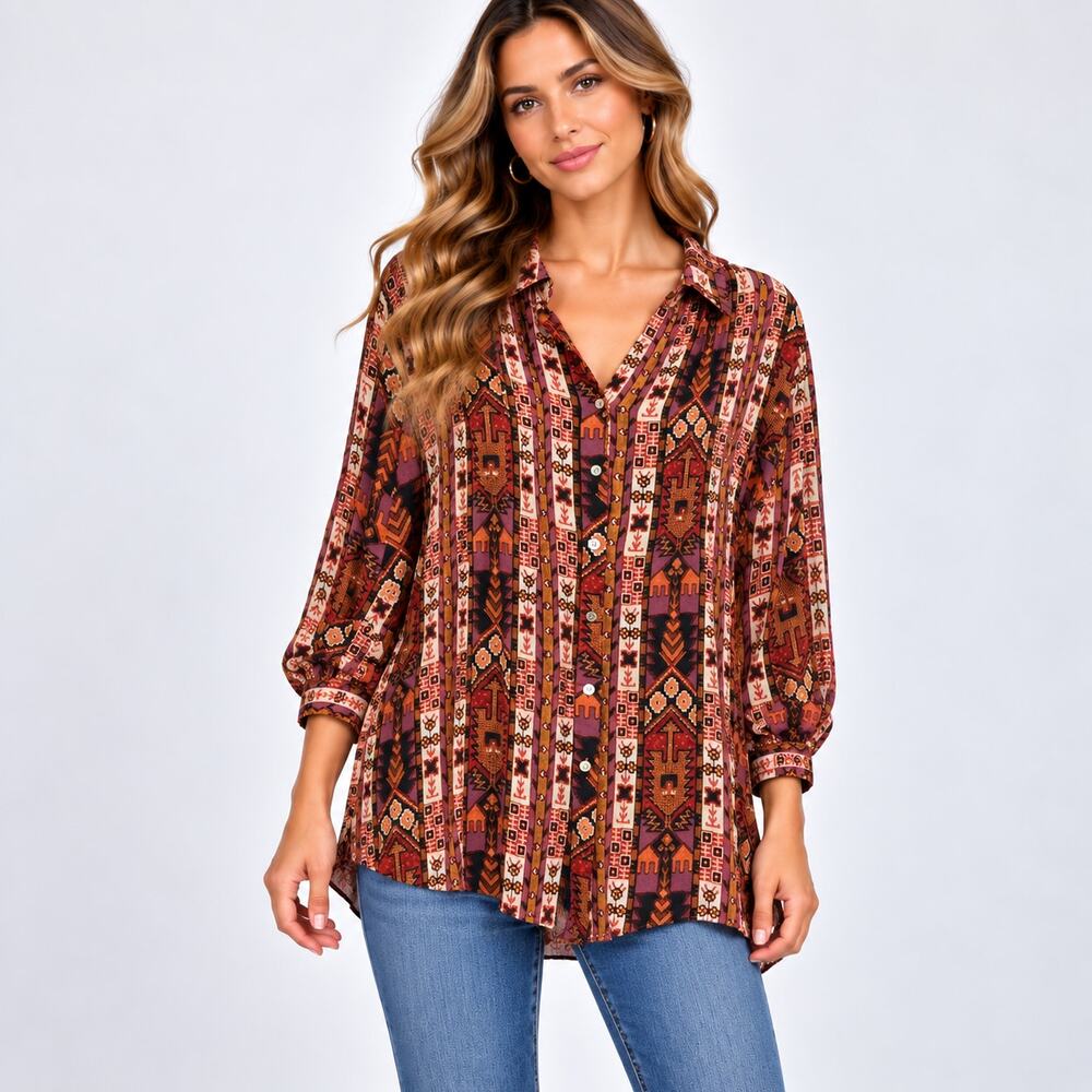 Jane + Delancey Button-Up Blouse Women's Size L Aztec Earthy Boho Southwestern